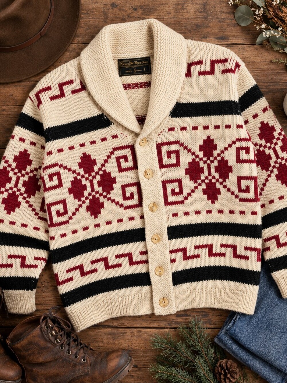 Vintage Sears Pendleton Inspired Nordic Geometric Shawl Collar Cardigan